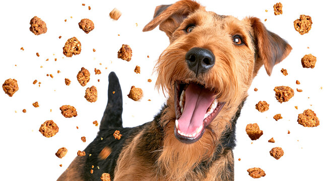 Excited reddish-brown airedale terrier dog mouth open eating dog food isolated on transparent background png cutout