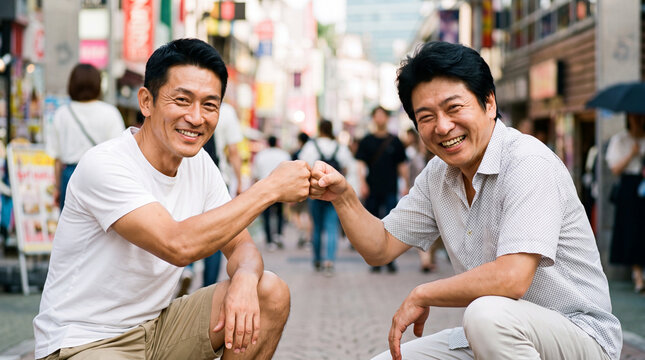 街中で笑顔の拳を仲良く合わせる二人の中年男性 | 都市のぼかし