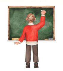 Teacher spells on chalkboard. Watercolor illustration isolated on white background. Young woman stands in front of green chalkboard.