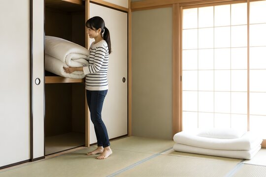 押し入れの布団を入れ替える女性