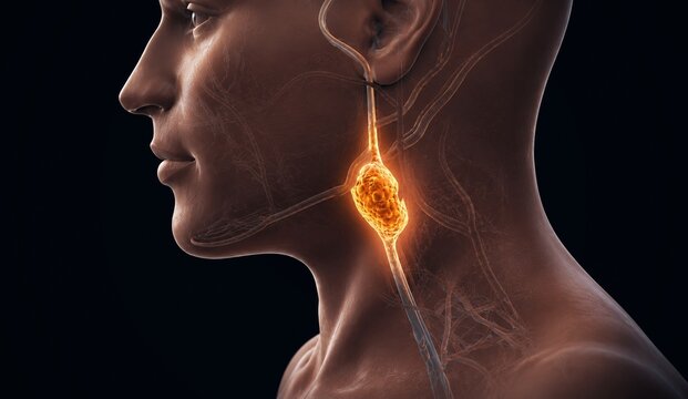 3D Illustration of Deep Neck Infection Abscess and Inflamed Cervical Fascia on Pure Black Background
