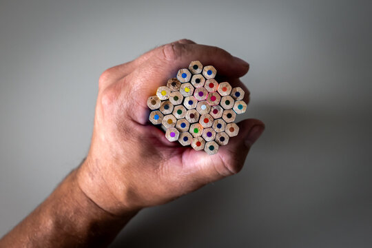Human Hand Holding a Bundle of Colored Pencils Against Gray Background