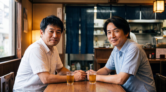 居酒屋のテーブルで楽しい時間を過ごす二人の男性 | 暖かな照明