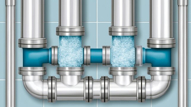 Detailed depiction of a piping network illustrating fluid flow dynamics using cyan elements, highlighting pipe connections and water movement effectively.