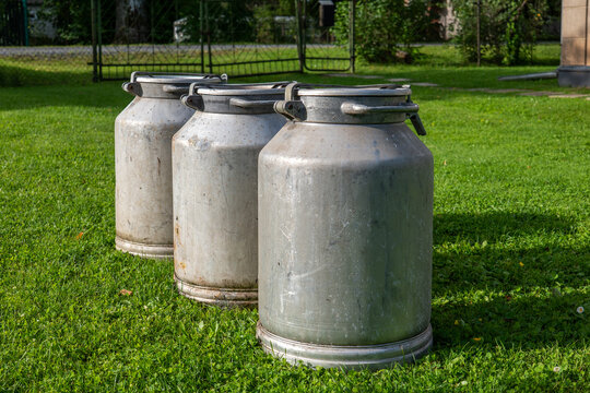 Traditional Milk Churns Represent Sustainable Cow Farming, Dairy Processing, and Profit