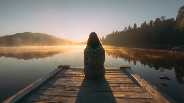 Person Sitting on Dock Facing Sunset Over Water