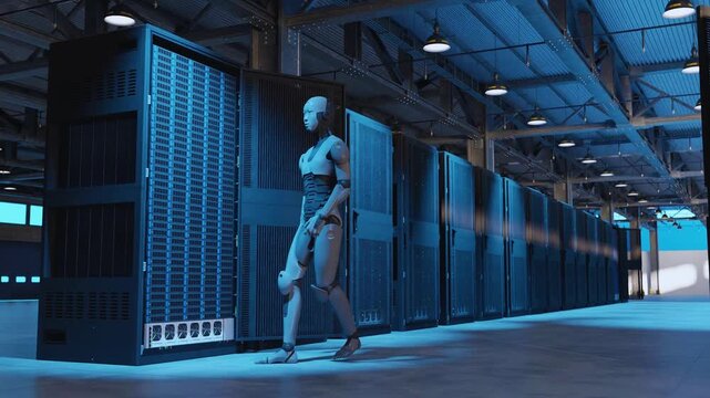 Robot walking in a futuristic data center with server racks technology automation artificial intelligence computer server room technology automation artificial intelligence