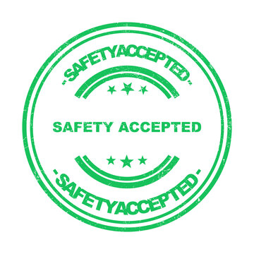 Green circular rubber stamp with the text safety accepted for quality control and approval isolated on transparent background
