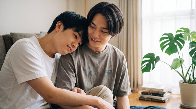 明るい部屋で肩を寄せ合う二人の男性カップル | やさしい自然光