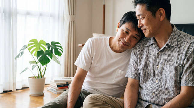 自宅のリビングで頭を寄せ合う男性カップル | 穏やかな室内