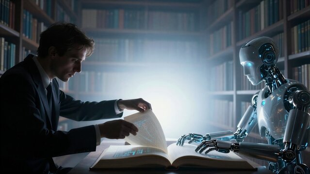 Man and robot study together in a library, illuminated by soft light.