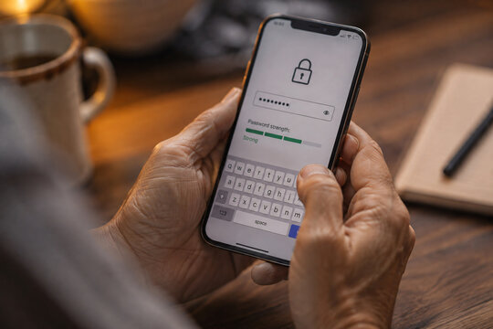 Close-up of a user creating a strong password on a smartphone to protect an online account and personal data