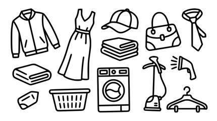 Fototapeta premium Laundry Care Icons Set Including Clothes, Washing Machine, Iron, and Hanger in B
