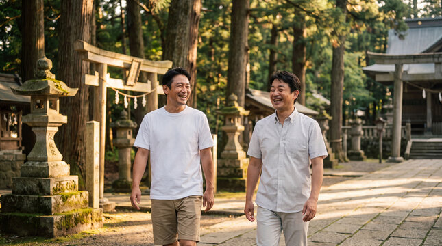 木漏れ日の神社を笑顔で歩く二人の中年男性 | 神聖な木立