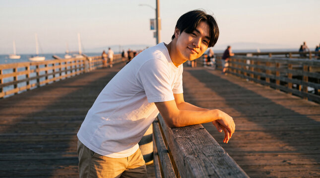 夕日に染まる海辺の桟橋でくつろぐ若い男性 | 黄金色の夕景