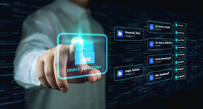 Businessman touching virtual screen accessing digital source repository and document management system. Concept of big data storage, cloud archive, and file organization.