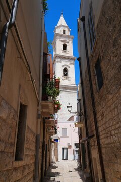 Street view of Andria Cathedral. Roman Catholic church. Cityscape of Andria city in Italy. City in Apulia region of Southern Italy.
