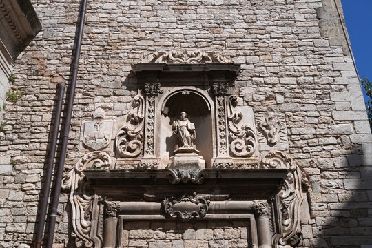 Saint Benedict statue at Andria Cathedral. Roman Catholic church. Landmark in Andria city in Italy. City in Apulia region of Southern Italy.
