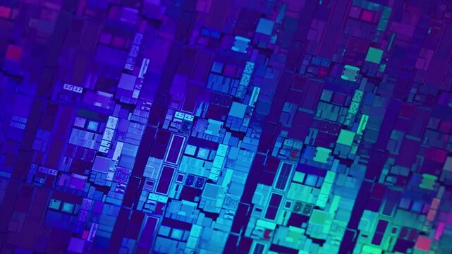 Macro view of a complex semiconductor processor microchip with glowing blue and purple circuitry patterns showing integrated circuits and silicon transistor structure