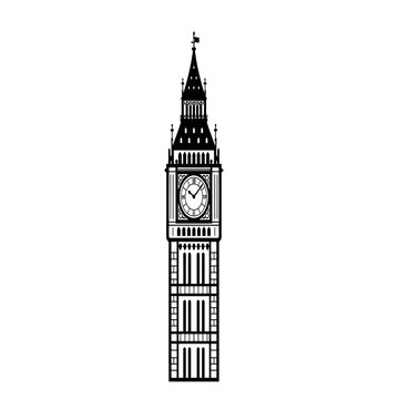 Big ben clock tower landmark building vector line art black and white architectural icon illustration design