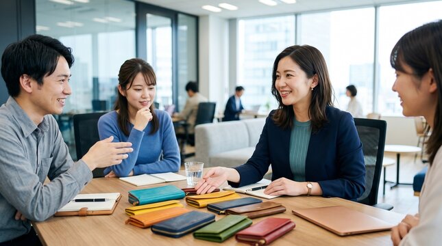 会議室にて、テーブルに置かれた多様なカラーの試作品長財布を見ながら、若いチームメンバー数名と穏やかな笑顔で議論している20代日本人女性社員のクローズアップポートレート