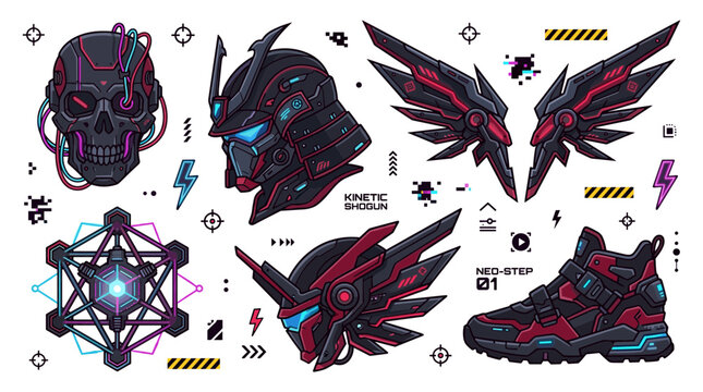 Cyberpunk Mecha and Techwear Graphic Element Set with Cyber Skull, Robot Helmet, Futuristic Wings, Sneaker, and Sacred Geometry Vectors for Streetwear Designs