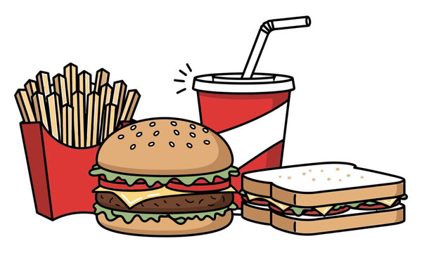 Happy cartoon meal with fries, burger, and drink