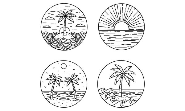 Four vintage tropical island icons with palm trees and sun