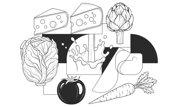 Flat illustration of cheese and food items on a table