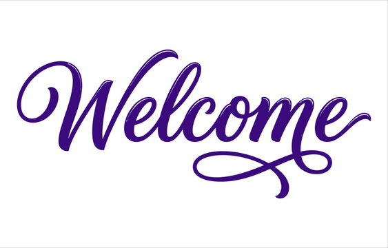 Elegant cursive welcome text in deep purple isolated on a clean white background for greeting cards and signage