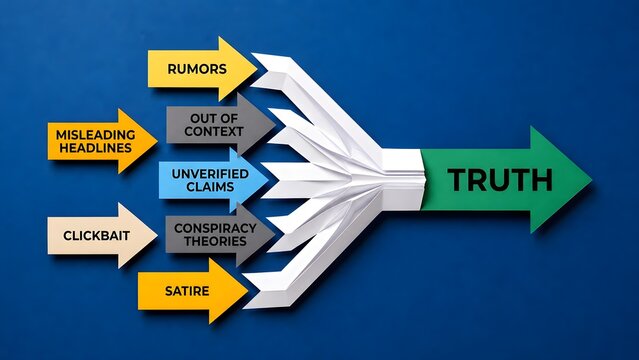 Fact Checking and Misinformation Filtering Concept with Arrows Merging into Truth on Blue Background