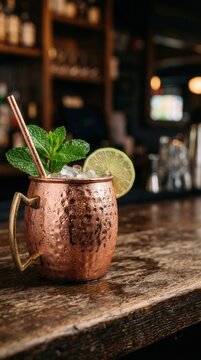 Refreshing moscow mule cocktail in a copper mug on a wooden bar counter. Summer drink garnished with fresh mint and lime slice.