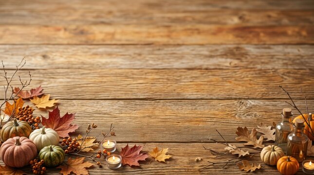 Halloween jack-o'-lanterns and autumn decorations scattered