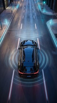 Aerial view of self driving car with sensor rings in city