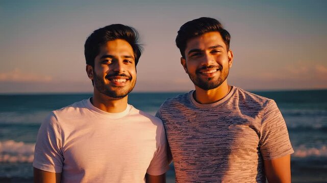 Two young men smiling together at sunset on a tropical beach, friendship, camaraderie, and positive lifestyle portrait photography.