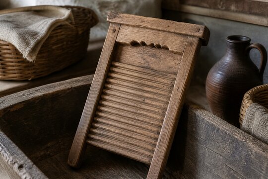 Vintage Wooden Washboard in Antiques Display with Natural Light