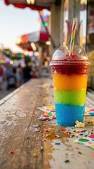 Naklejka premium Rainbow slushie cocktail on a wooden counter at a summer festival. Colorful carnival lights create a soft bokeh in the background.