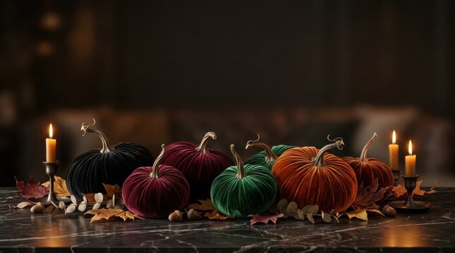 Halloween still life with carved pumpkins candles and autumn