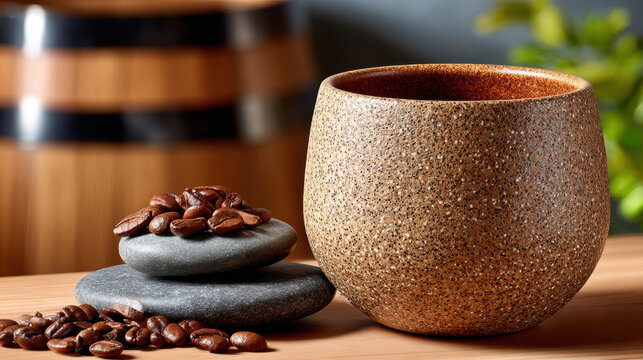 Textured speckled ceramic cup with coffee beans on stacked stones and wooden table for coffee branding and warm rustic cafe still life with barrel bokeh background