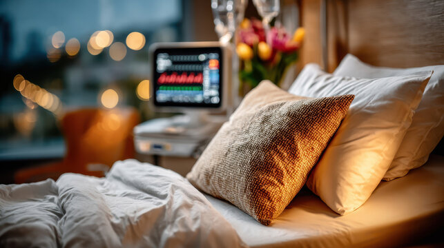 Hospital bedside with glowing icu monitor and tidy bed linens, close view of patient room monitoring for critical care, patient comfort and hospital room design guidance