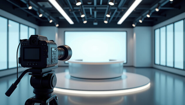 Broadcast camera framing modern circular news desk in corporate studio for live streaming, television production, webcast events and conference broadcast setup