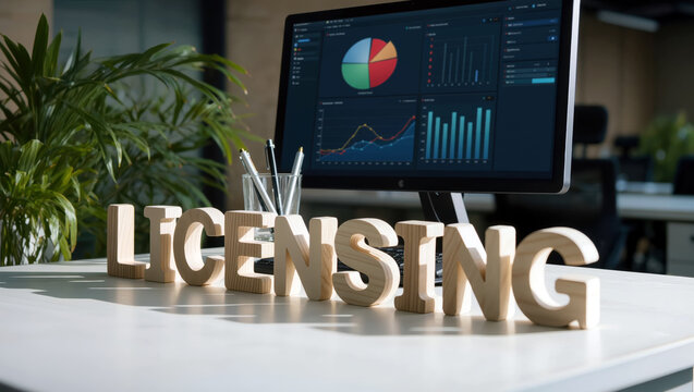 LICENSING agreement desk with monitor analytics for software contract review, compliance tracking, digital rights management and business report use.