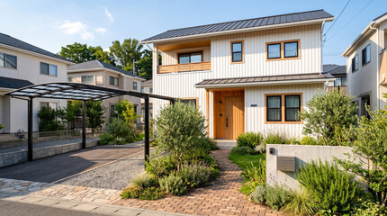 Fototapeta premium Modern white and wood Japanese house exterior with carport and garden