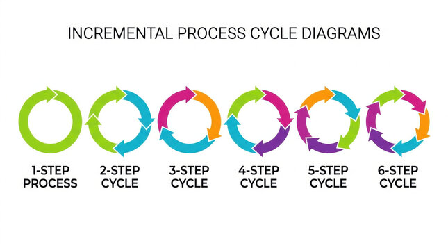 Incremental Process Cycle Diagrams Set with 1 to 6 Steps for Business Infographics, concept of continuous improvement and workflow optimization