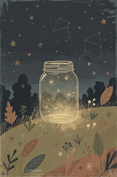 Glowing fireflies trapped inside glass jar resting on grassy meadow under magical night starry sky with sky filled constellations fireflies sitting rustic