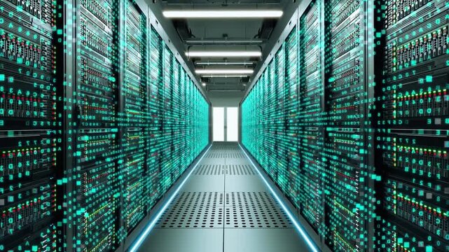 Server room with digital binary code stream overlaying computer racks data center computer programming data processing software development tech background
