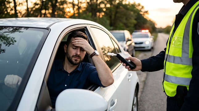 Police officer administers breathalyzer test to stressed male driver stopped on roadside during dusk with patrol cars in background.