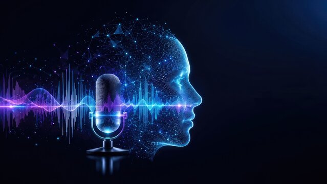 Futuristic digital profile of a glowing dotted human head facing a microphone with colorful soundwaves and data nodes, symbolizing AI voice and speech technology