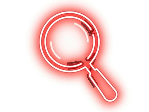 Red glowing neon magnifying glass icon isolated on white background