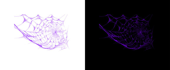 Obraz premium Spooky purple spiderweb illustration set, creepy spider web graphic elements for Halloween design, gothic cobweb vector on black and white backgrounds